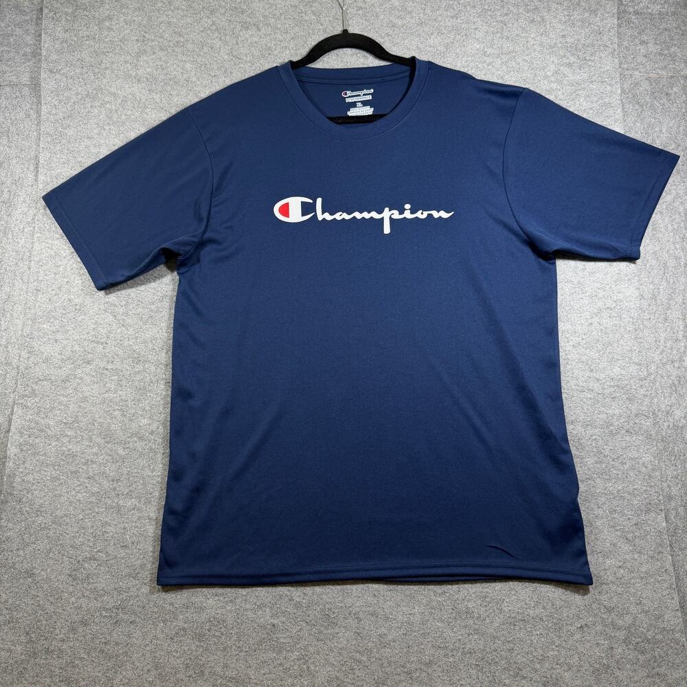 Champion Performance T-Shirt Mens XL Navy Blue Script Logo Crew Neck Lightweight - Picture 1 of 11